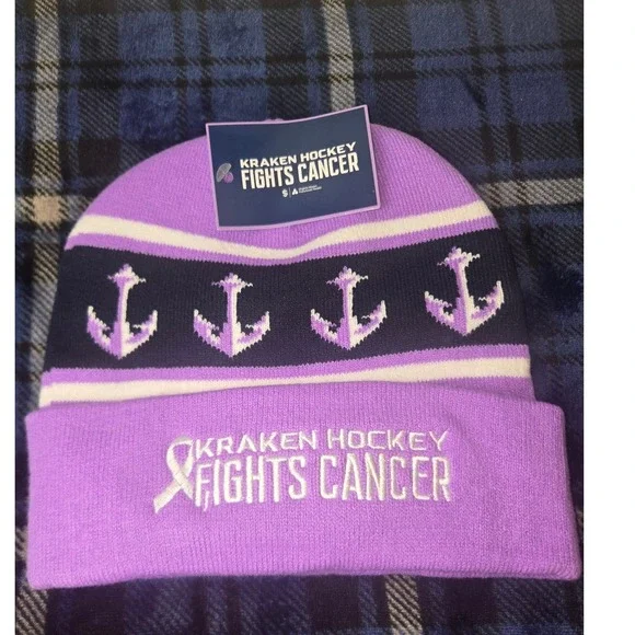 Seattle Kraken Hockey Fights Cancer Purple Knit Beanie - Picture 1 of 3